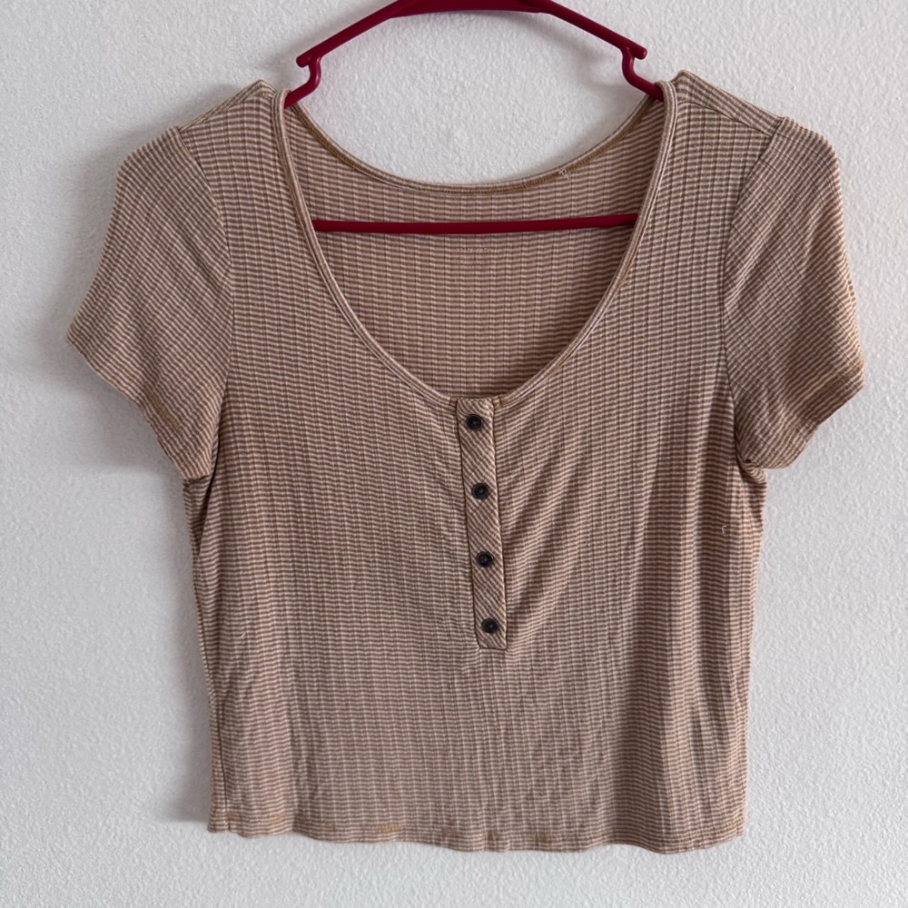 American Eagle Crop Top Henley Top Tan & White Neutral Size XS